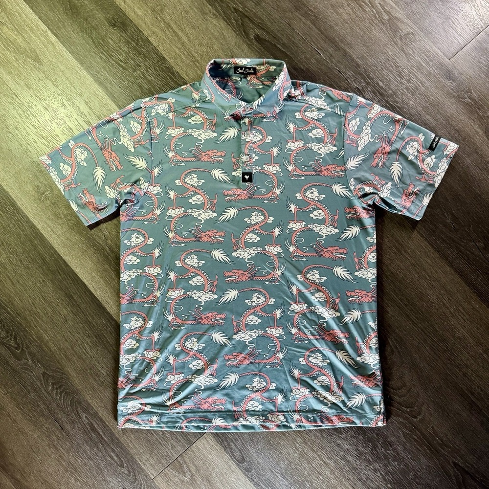 Bad Birdie Polo Shirt Mens Large Blue Dragon Print Golf Performance Stretch